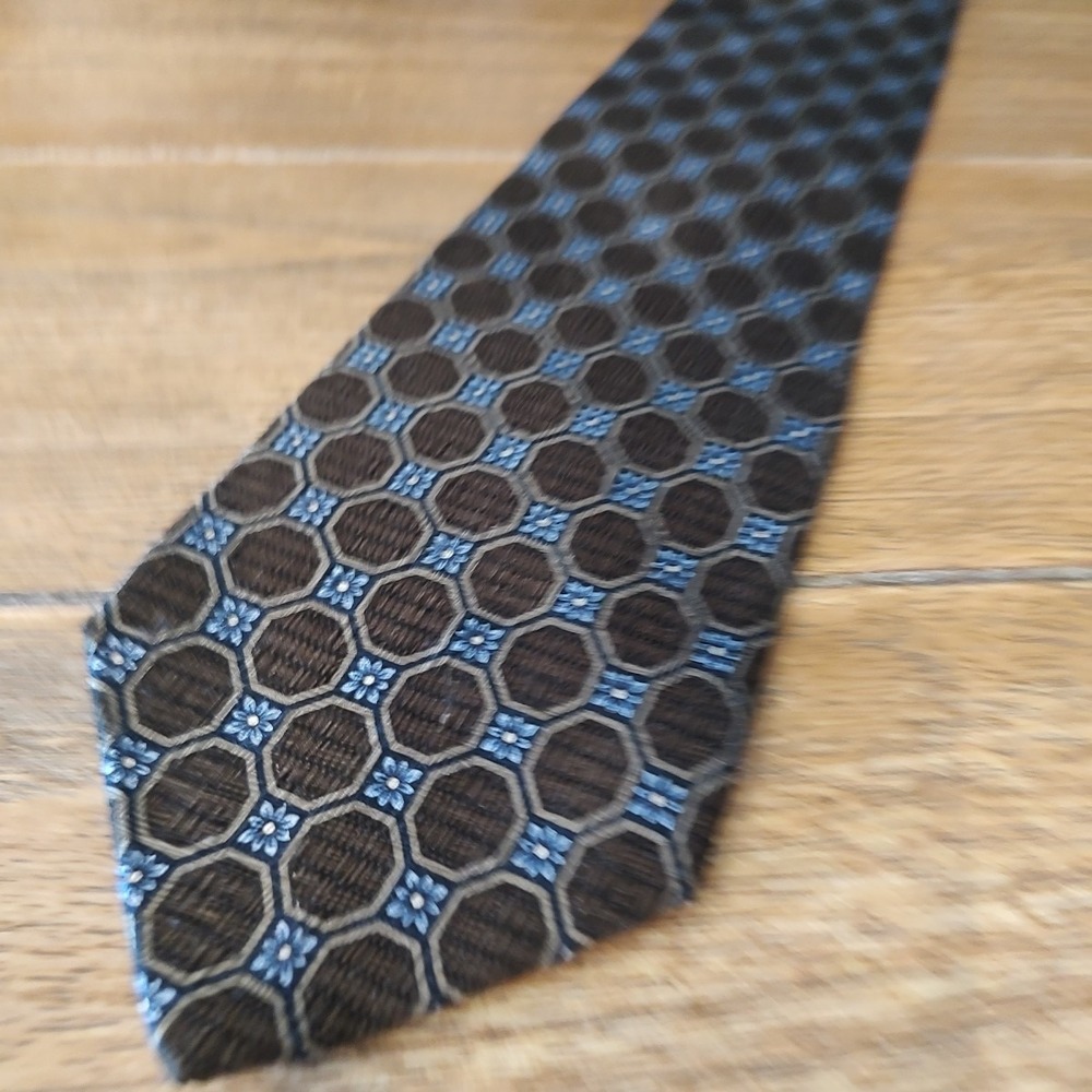 ZANZARA‎ ITALY Silk Tie Retro Floral Geometric Business Formal Gold Brown Blue